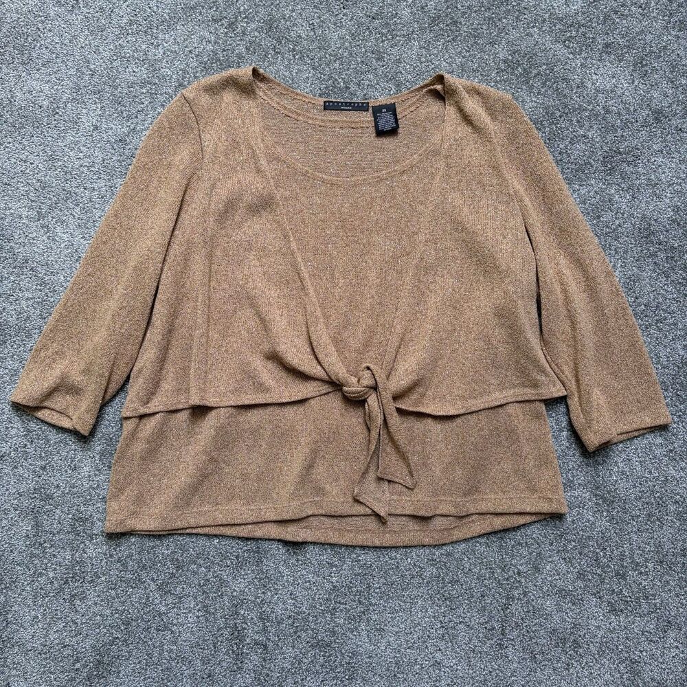 APOSTROPHE Women 2X Soft Gold Metallic 3/4 Sleeve Top Blouse Tie Y2K